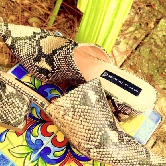 NEW STEVEN BY STEVE MADDEN SELMA PYTHON EMBOSSED MULES TAUPE/BLACK 8.5 - Picture 4 of 13